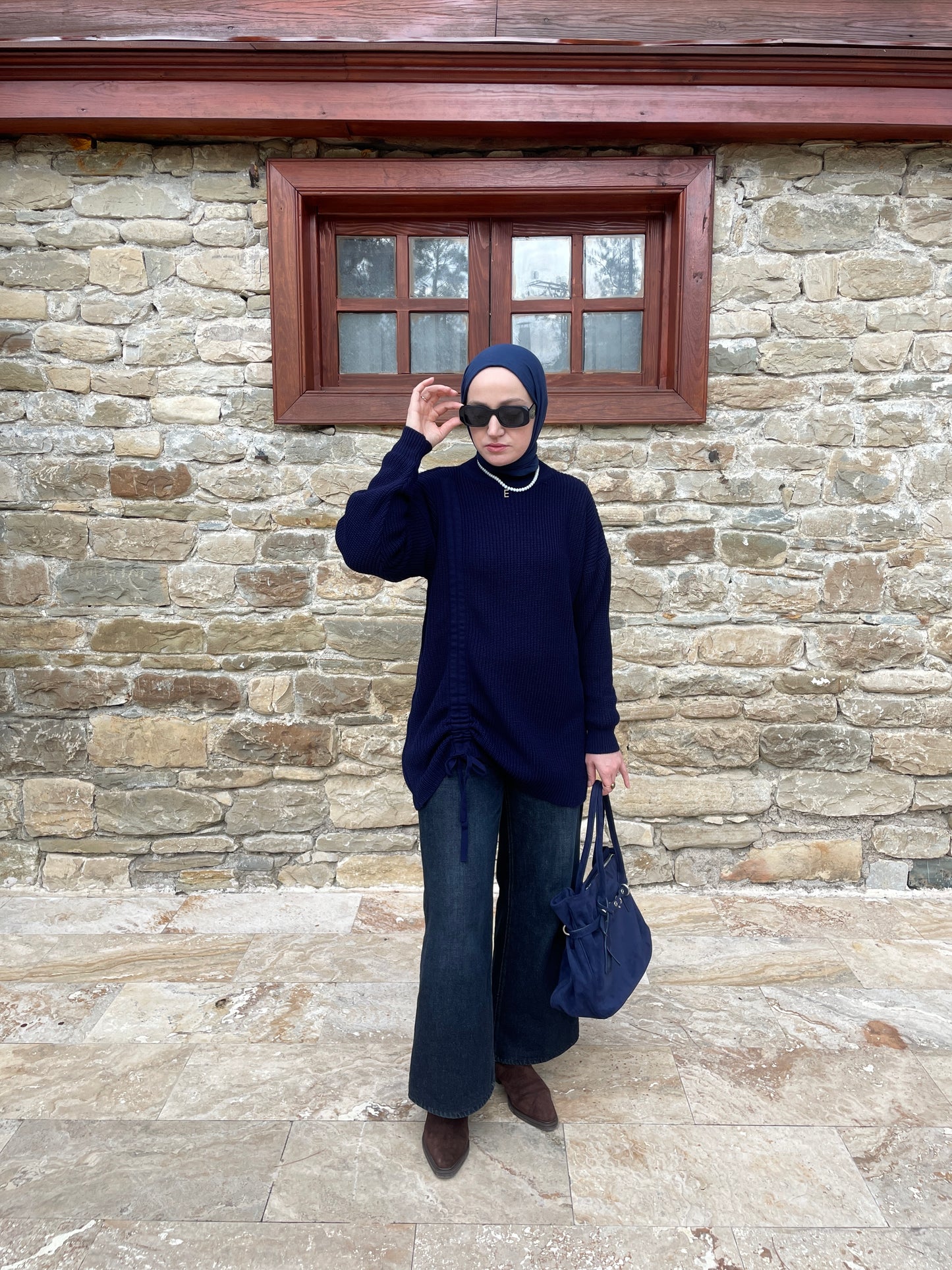 Büzgü Detaylı Triko Kazak Lacivert