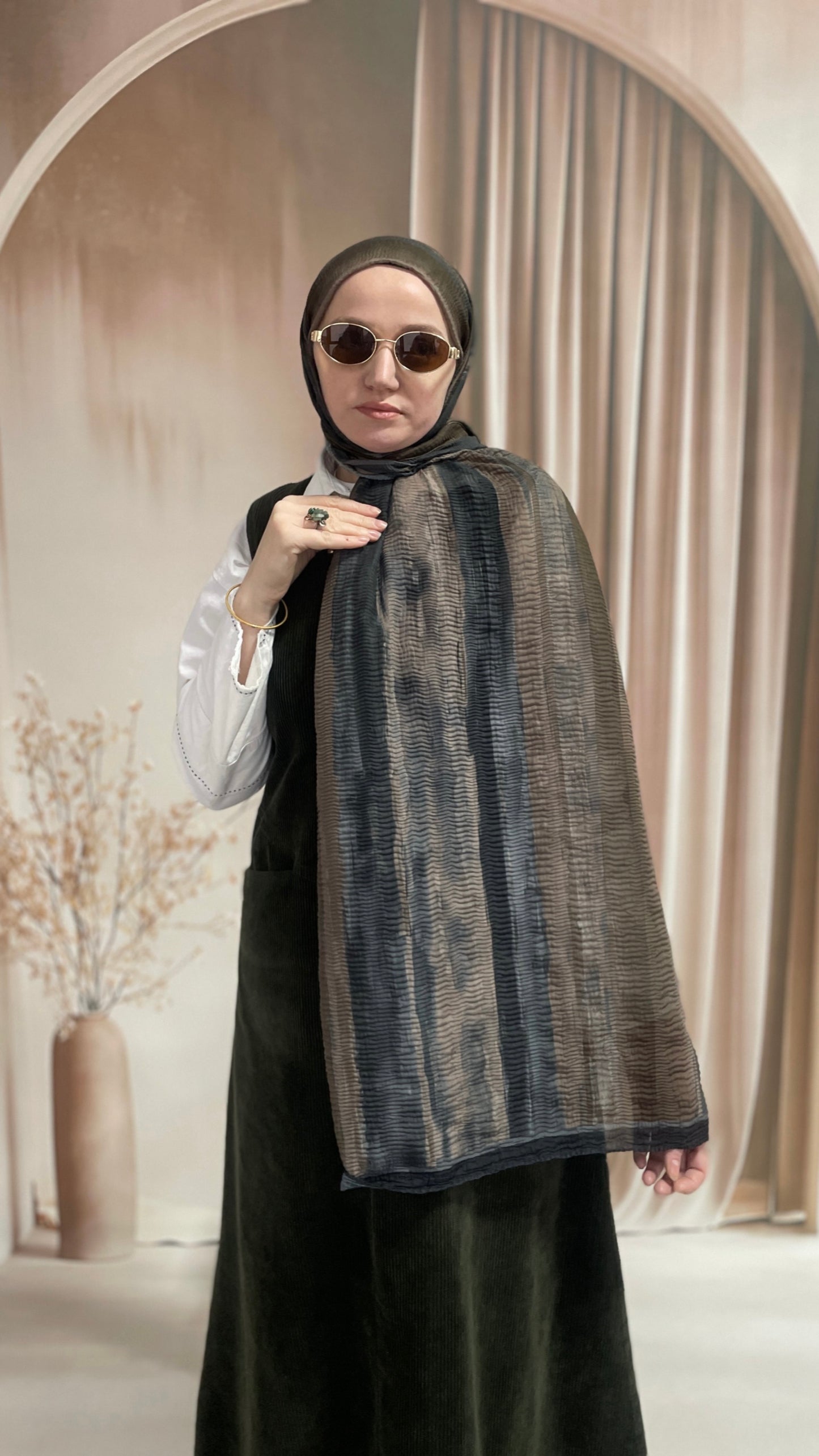 Tonsürton Çizgi Desen Müslin Şal Vizon&Antrasit