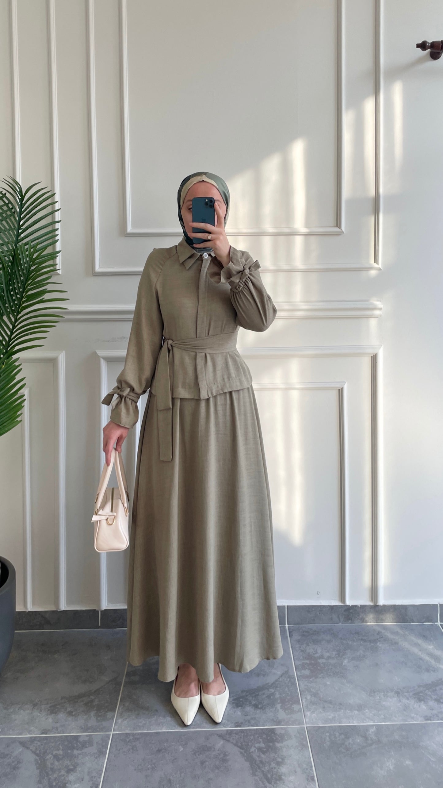 Dolunay Çift Yaka Tasarım Keten Etekli Takım-Yeşil