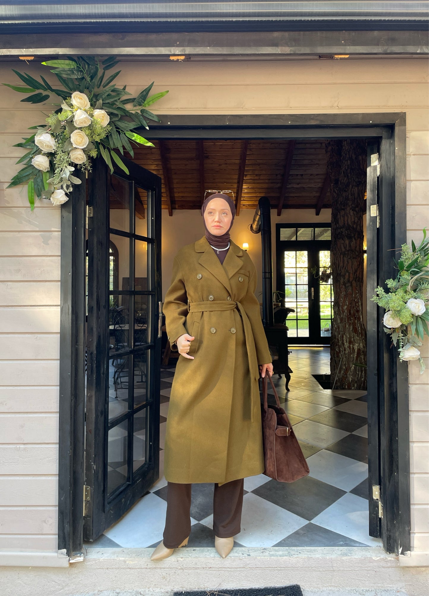 Vintage Tasarım Kol Düğmeli Kaşe  Kaban Zeytin Yeşili