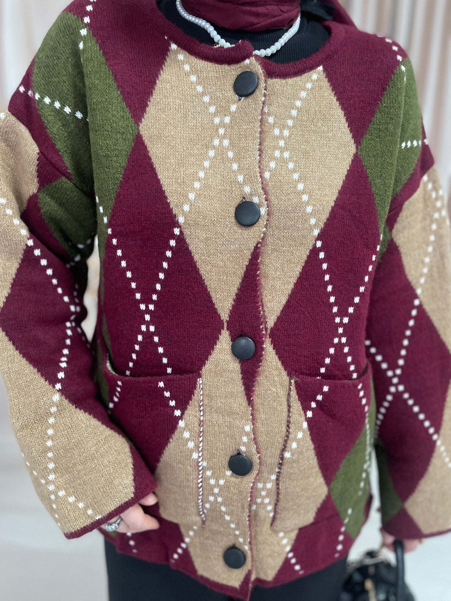 Baklava Desenli Premium Hırka Bordo&Haki