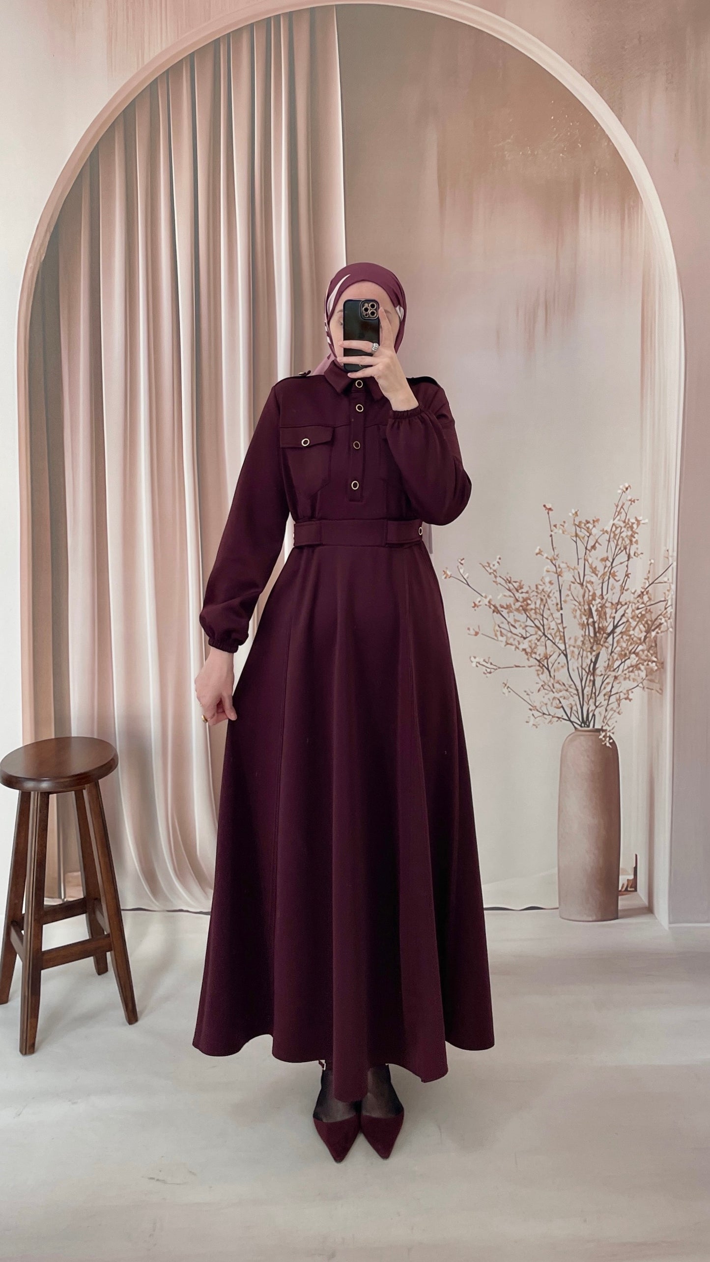 Apoletli Premium Scuba Elbise Bordo