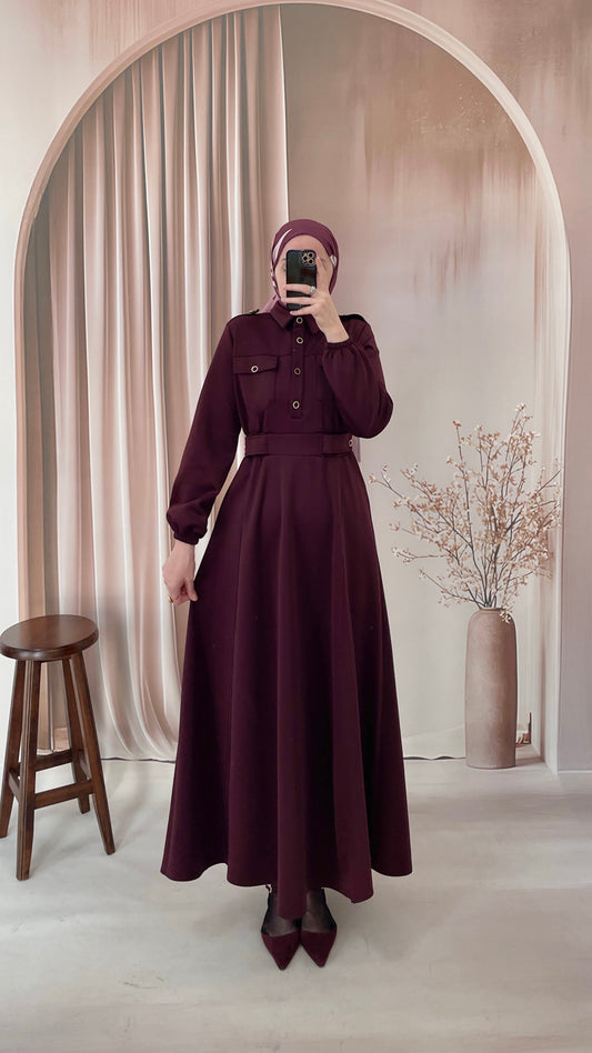 Apoletli Premium Scuba Elbise Bordo