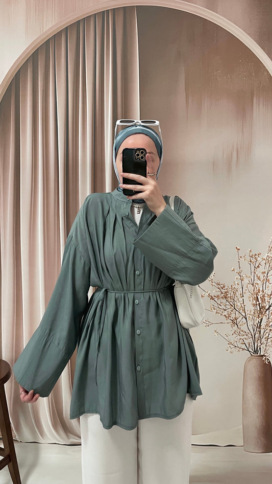 Manşet kol tencel gömlek Petrol Yeşili