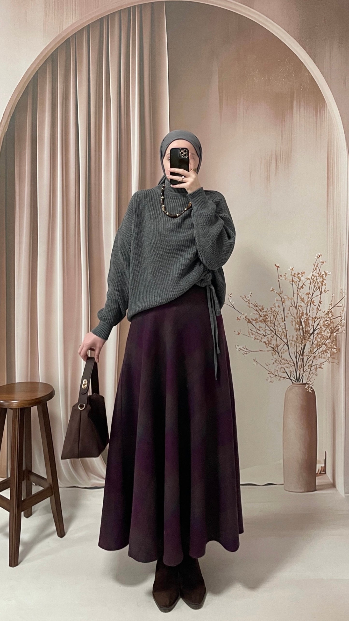 Ekose Kaşe Kloş Etek Mürdüm