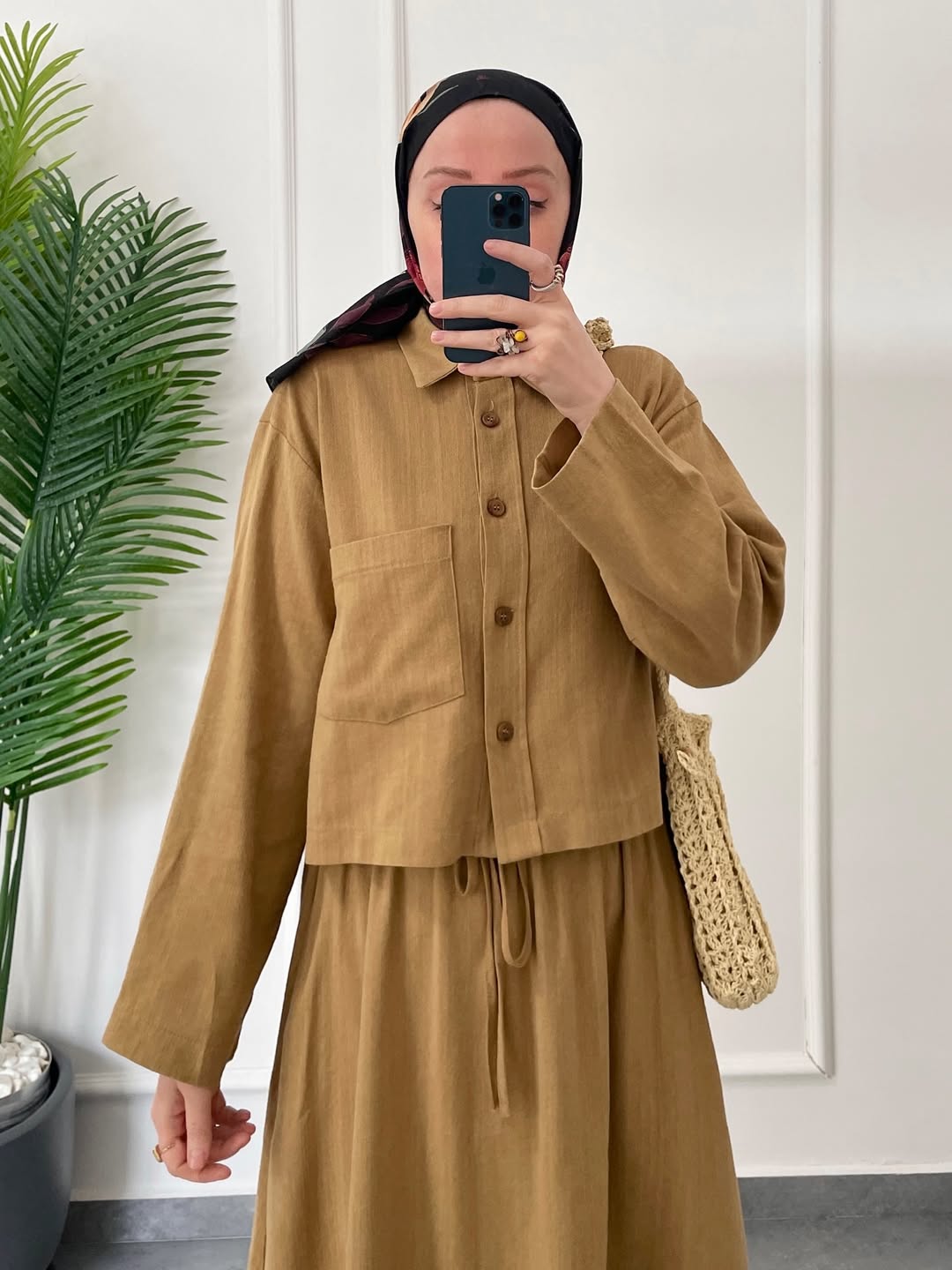 Ham Keten Düğmeli Etekli Takım-Hardal