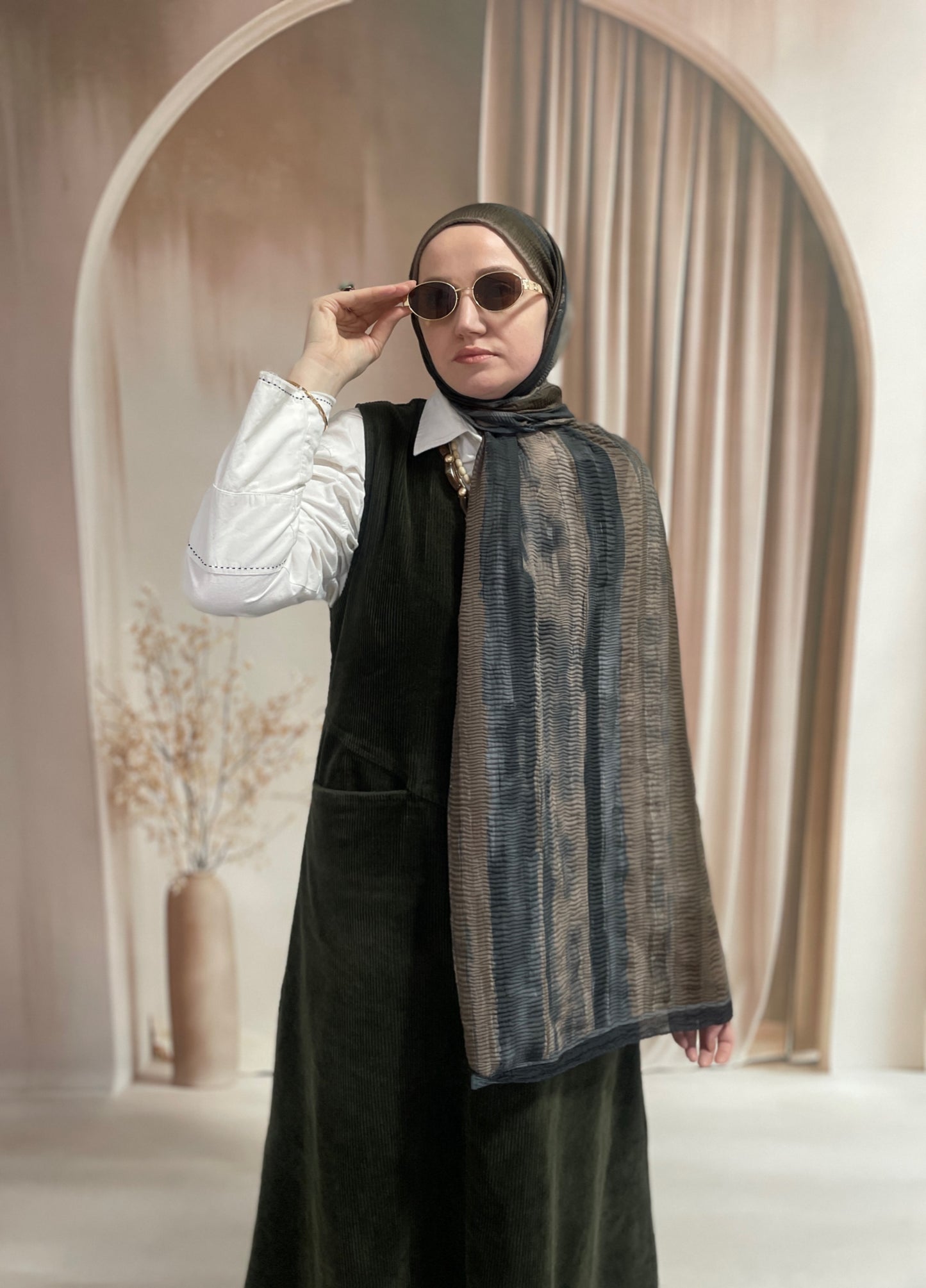 Tonsürton Çizgi Desen Müslin Şal Vizon&Antrasit