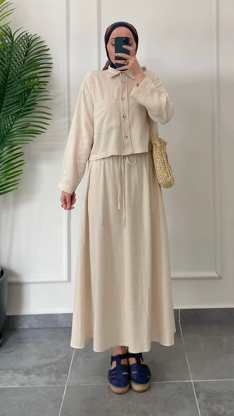 Ham Keten Düğmeli Etekli Takım-Naturel