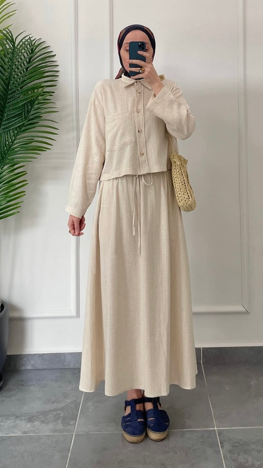 Ham Keten Düğmeli Etekli Takım-Naturel