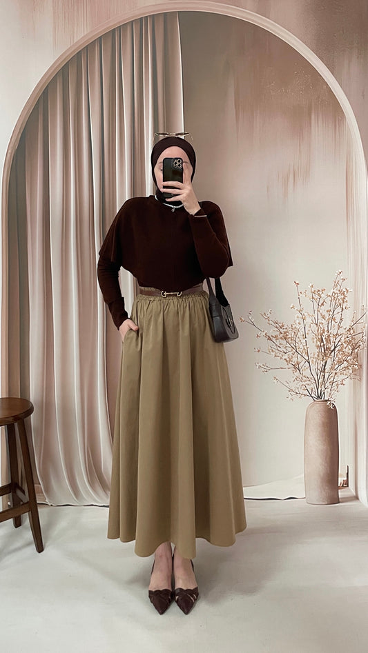 Poplin Kloş Etek Camel