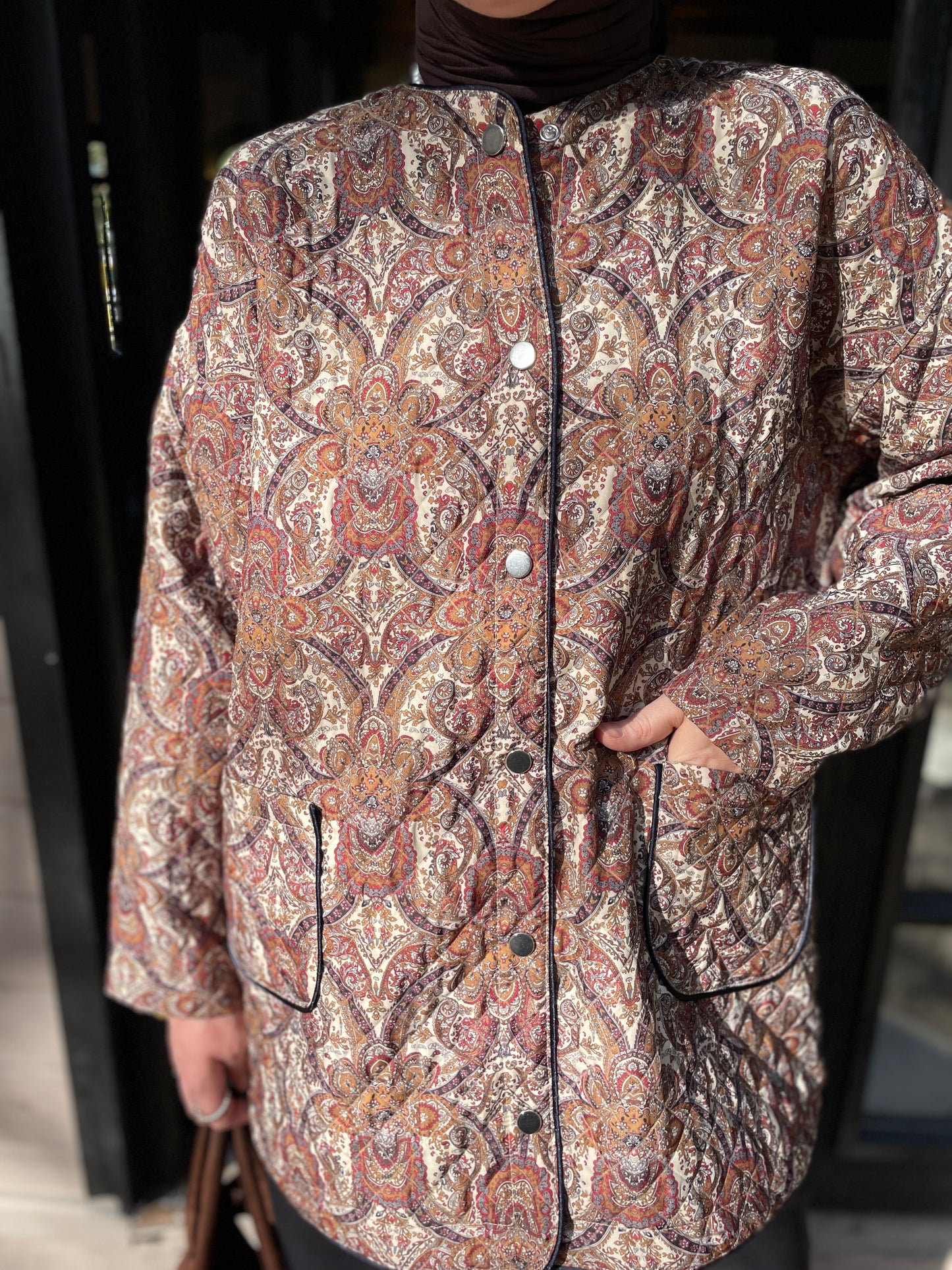 Etnik Desen Vintage Kapitone Premium Ceket Kahve