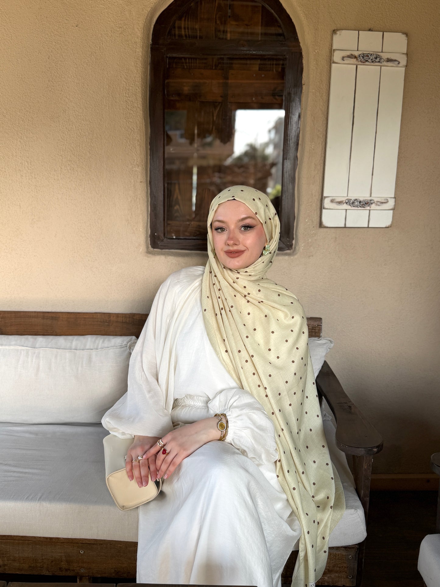 Mini Puantiye Desen Pamuk Soft Şal Tereyağ Sarısı