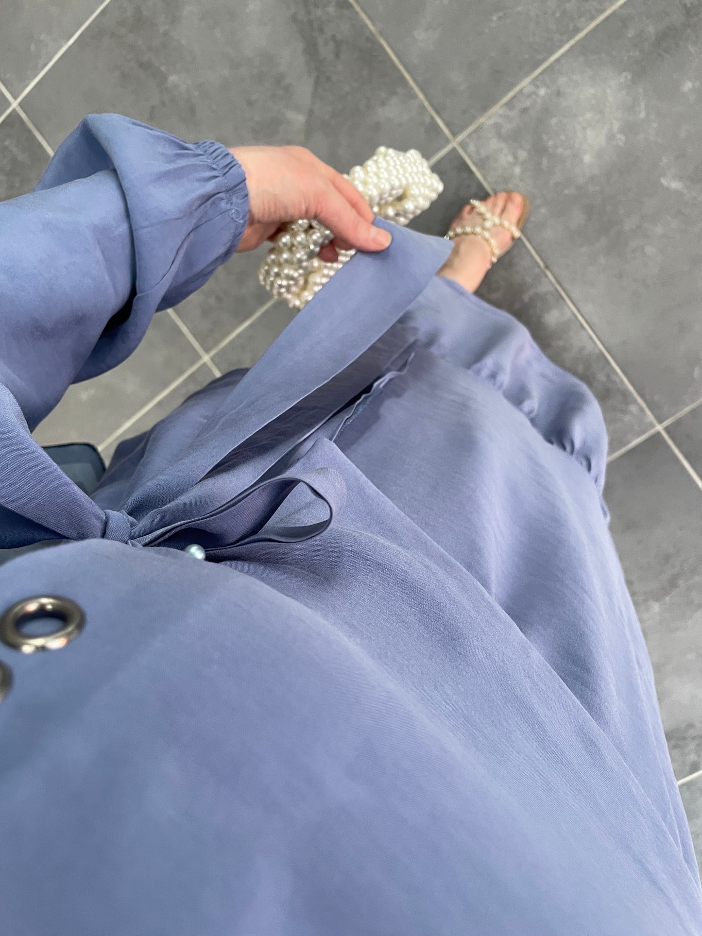 Lora Kuş Gözü Tasarım Elbise-İndigo