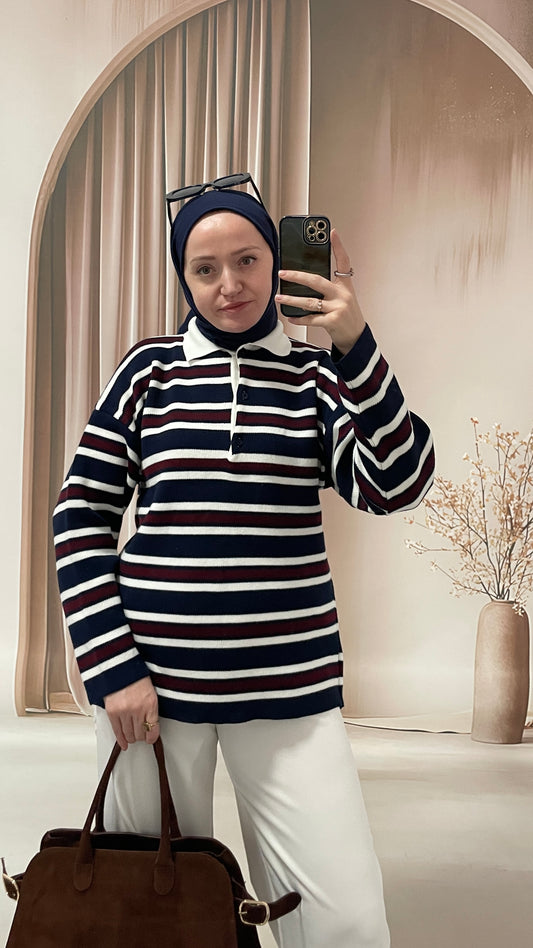 Polo Yaka Çizgili Triko Kazak Lacivert