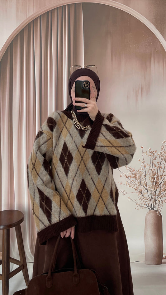 Geniş Kol Tasarım Baklava Desen Kazak Kahve