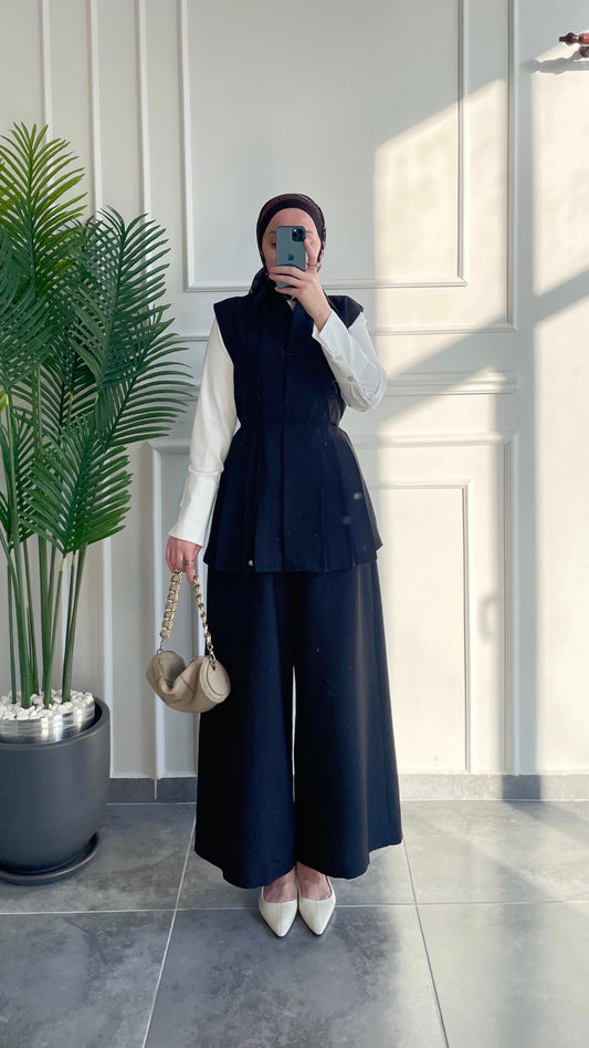 Pilise Tasarım Yelek&Etek Pantolon&Bluz Takım-Siyah