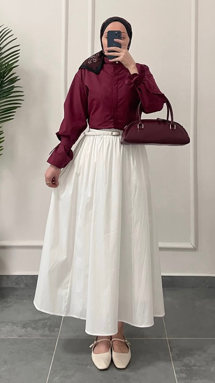 Poplin Kloş Etek Beyaz