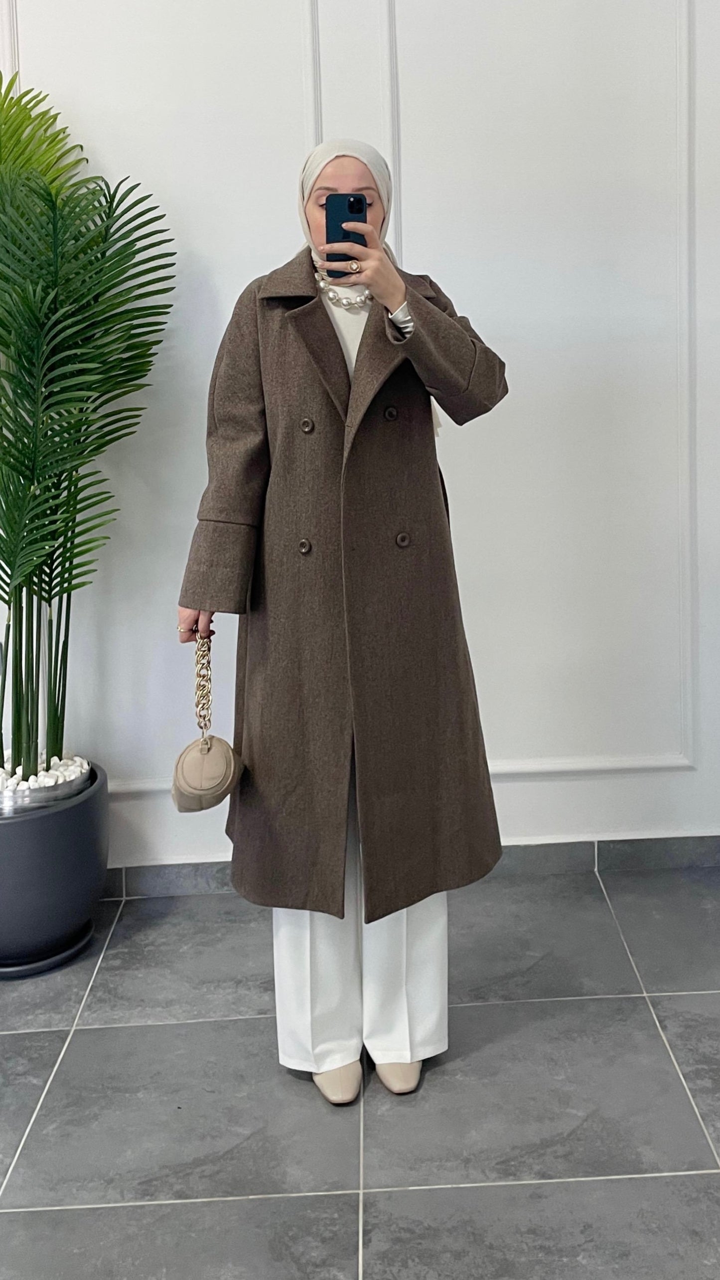 Kimono Tasarım Kaşe Kaban Boz Kahve