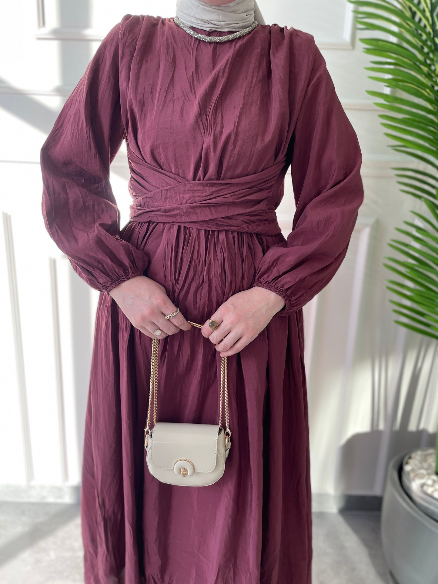 Bel Bağlamalı Kraş Elbise-Bordo