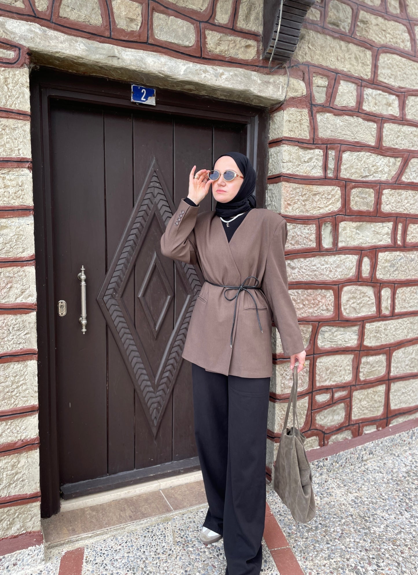 Deri Kemerli Blazer Ceket Kahve