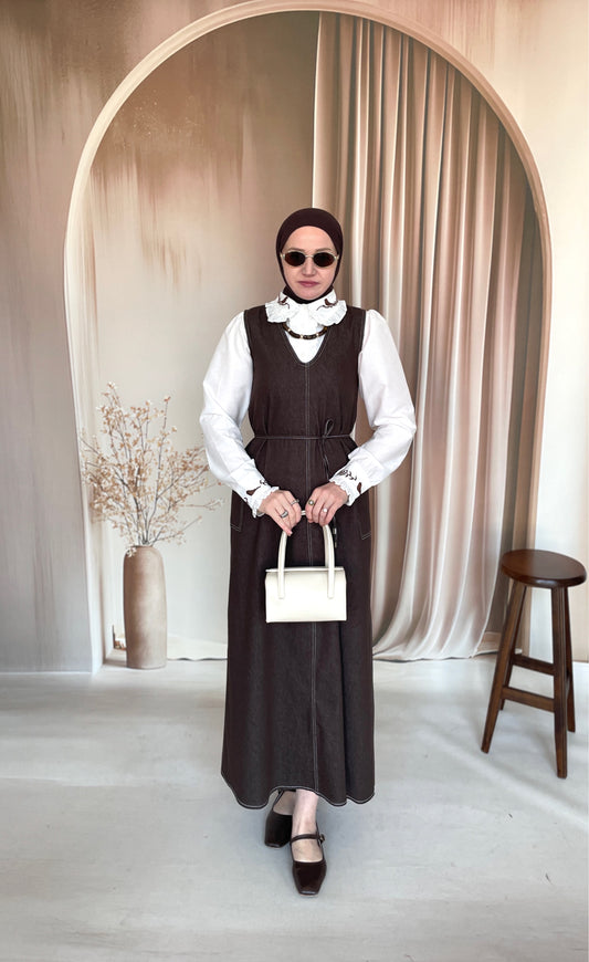 V Yaka Denim Jile Kahverengi