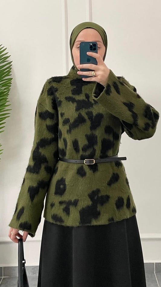 Leopar Desen Peluş Kazak Haki
