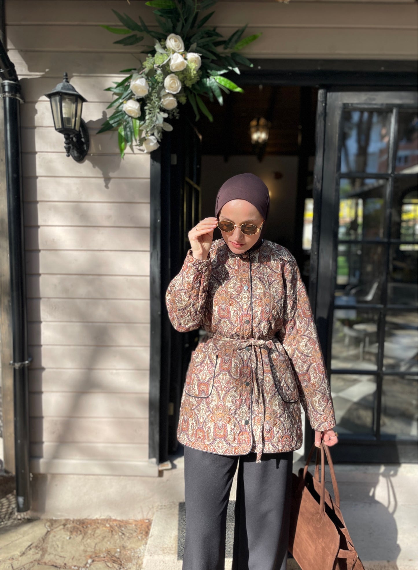 Etnik Desen Vintage Kapitone Premium Ceket Kahve