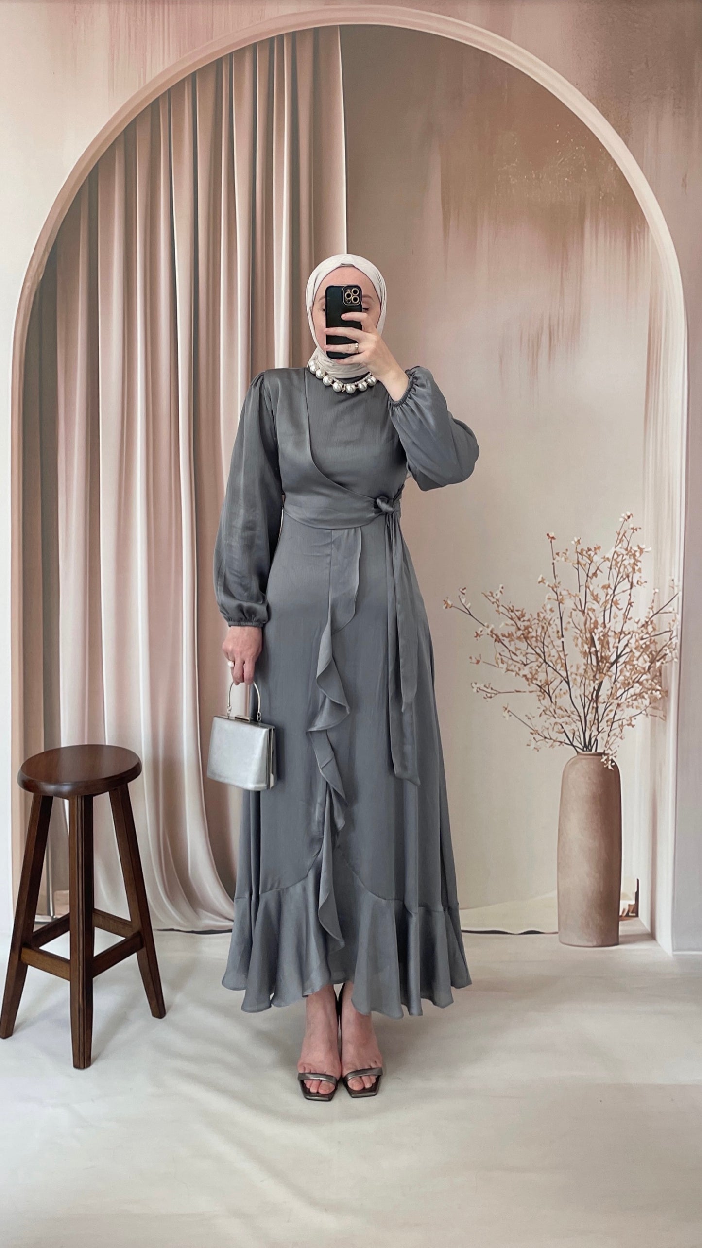 Nova Saten Elbise Antrasit