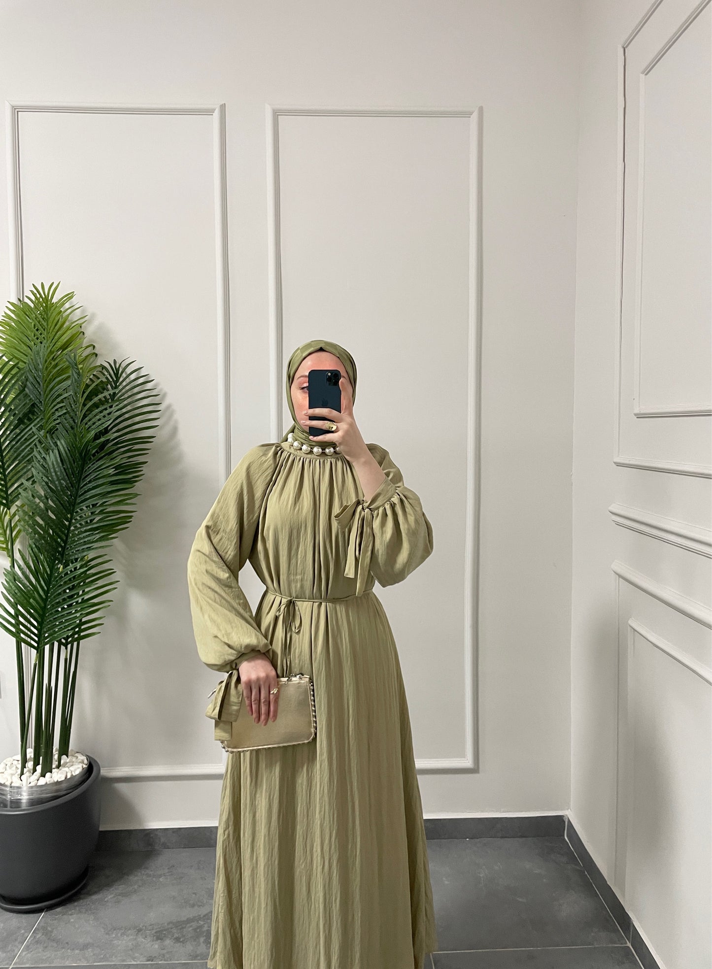 Kollar Bağcıklı Vual Saten Pamuk Elbise-Yeşil