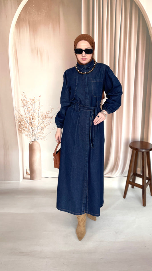 Gizli Patlı Pelerinli Denim Elbise Lacivert