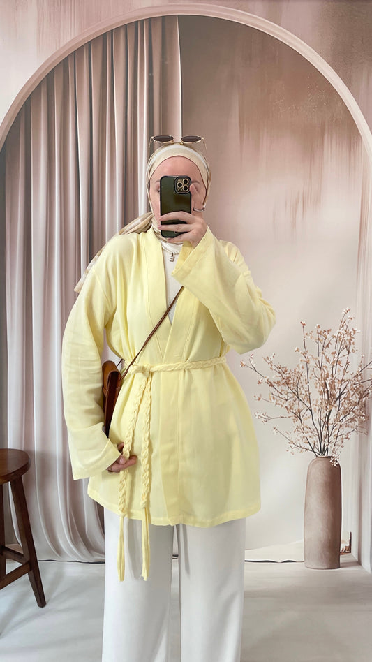 Ham Keten Örgü Kemerli Kimono Soft Sarı