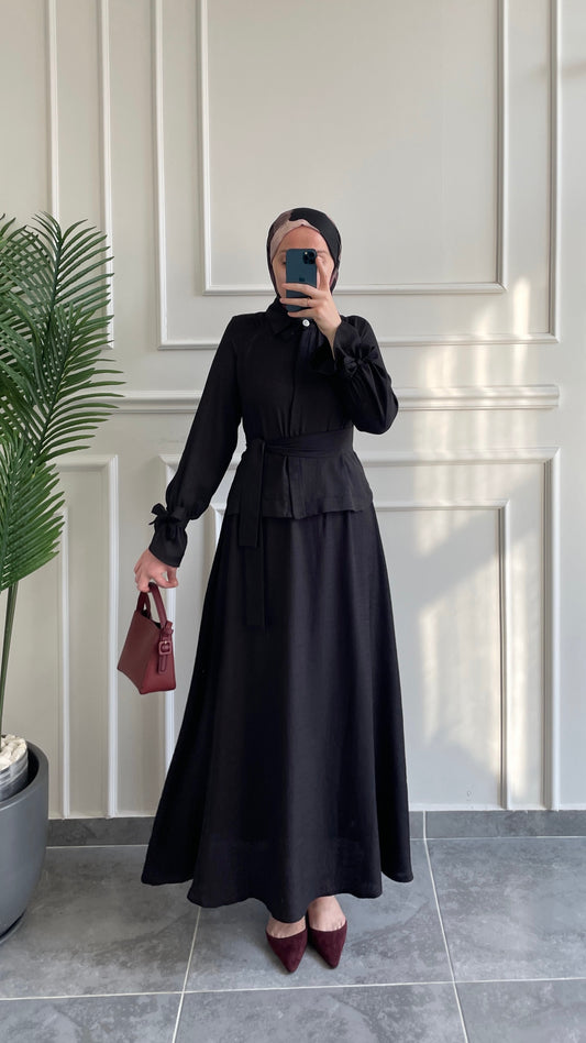 Dolunay Çift Yaka Tasarım Keten Etekli Takım-Siyah