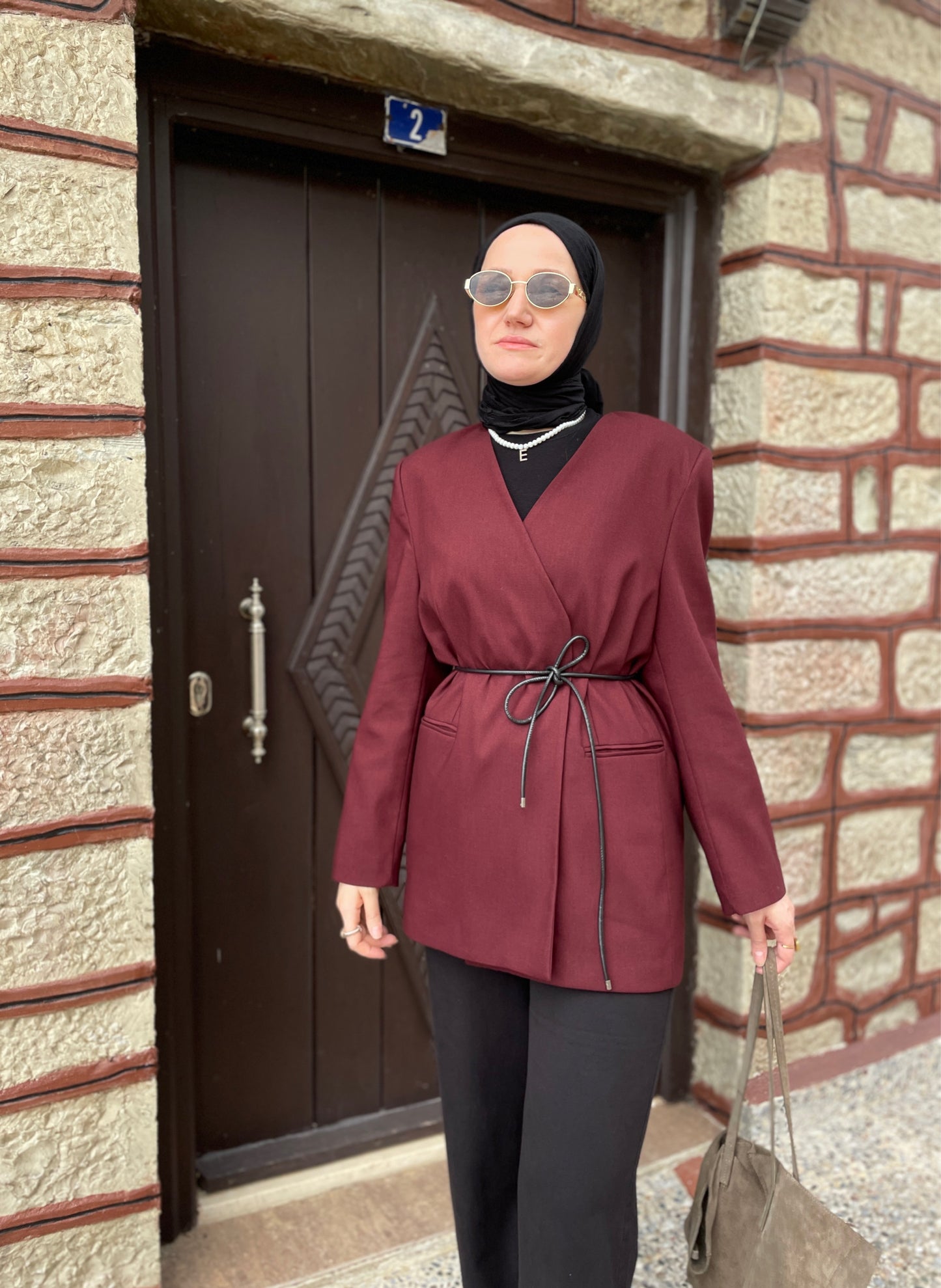 Deri Kemerli Blazer Ceket Bordo