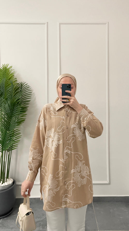 Keten Çiçek Desenli Gömlek-Bej