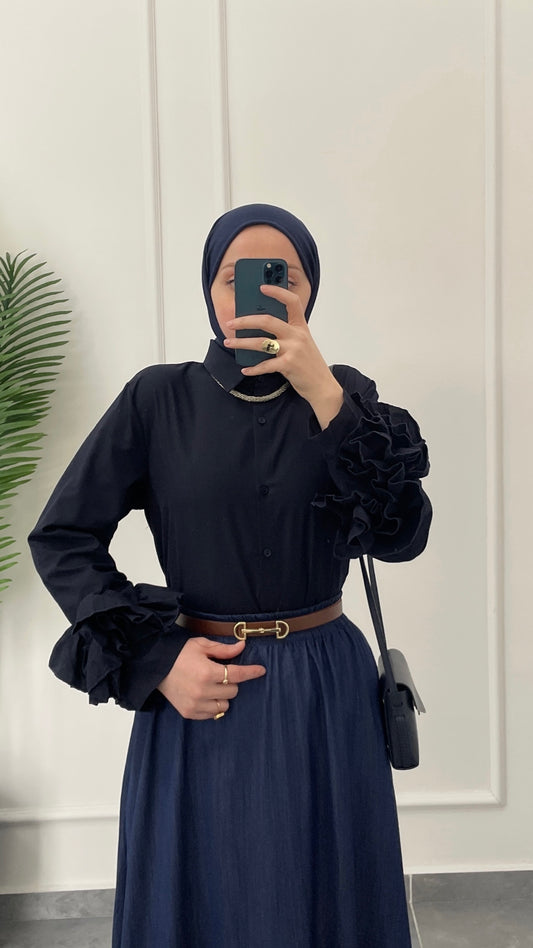 Çilek Kol Tasarım Gömlek-Lacivert