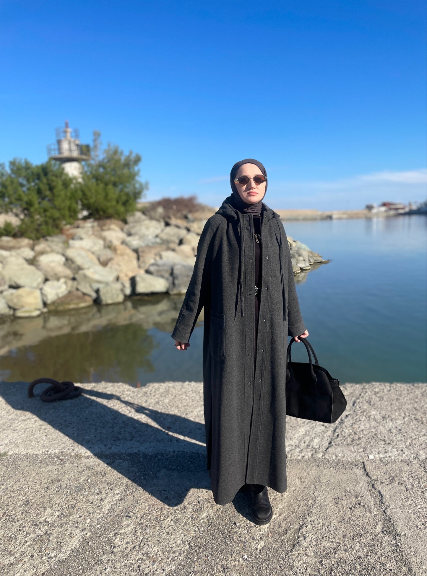 Tam Boy Premium Kapüşonlu Kaşe Kaban Antrasit