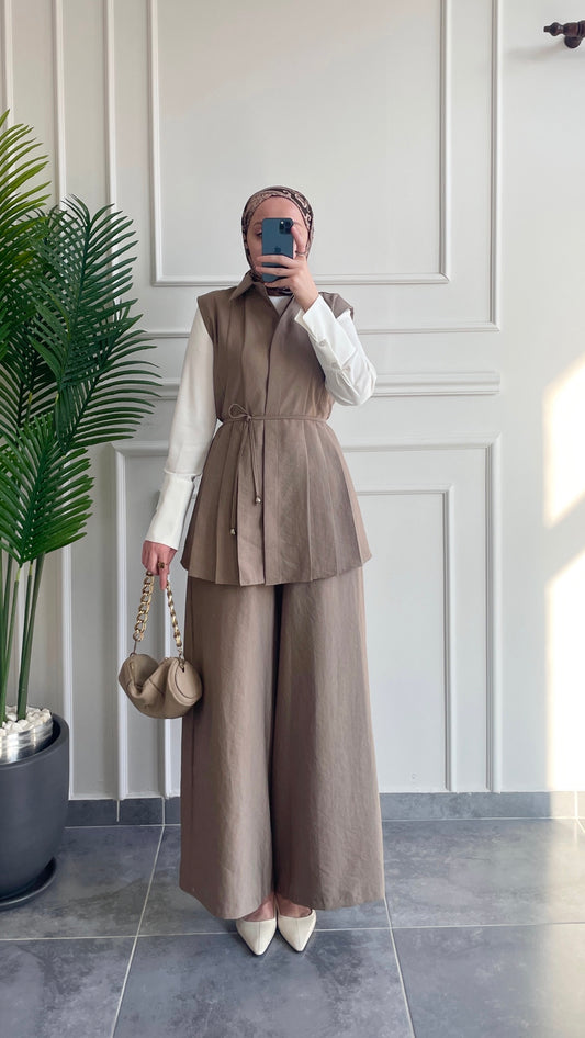 Pilise Tasarım Yelek&Etek Pantolon&Bluz Takım-Vizon