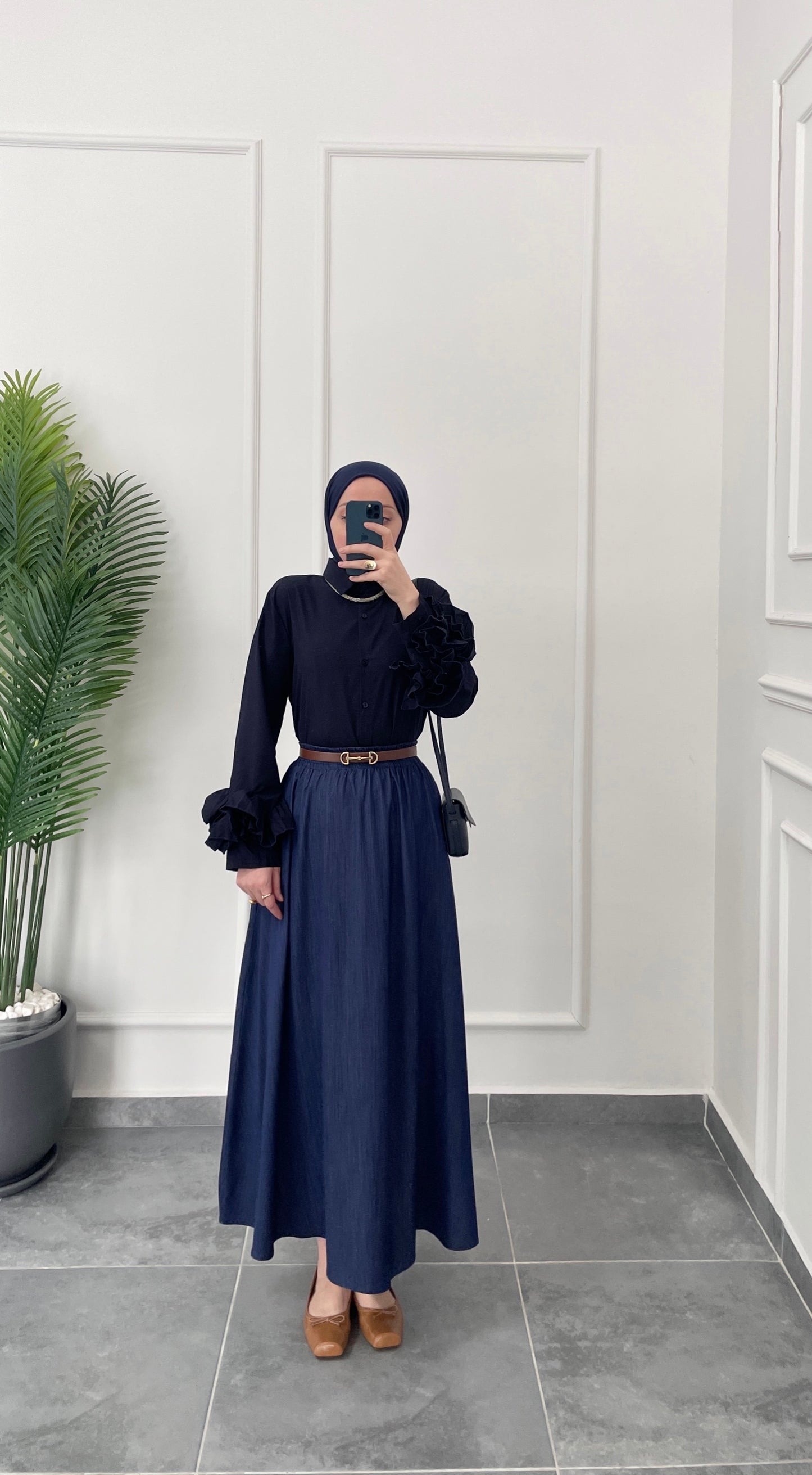 Çilek Kol Tasarım Gömlek-Lacivert