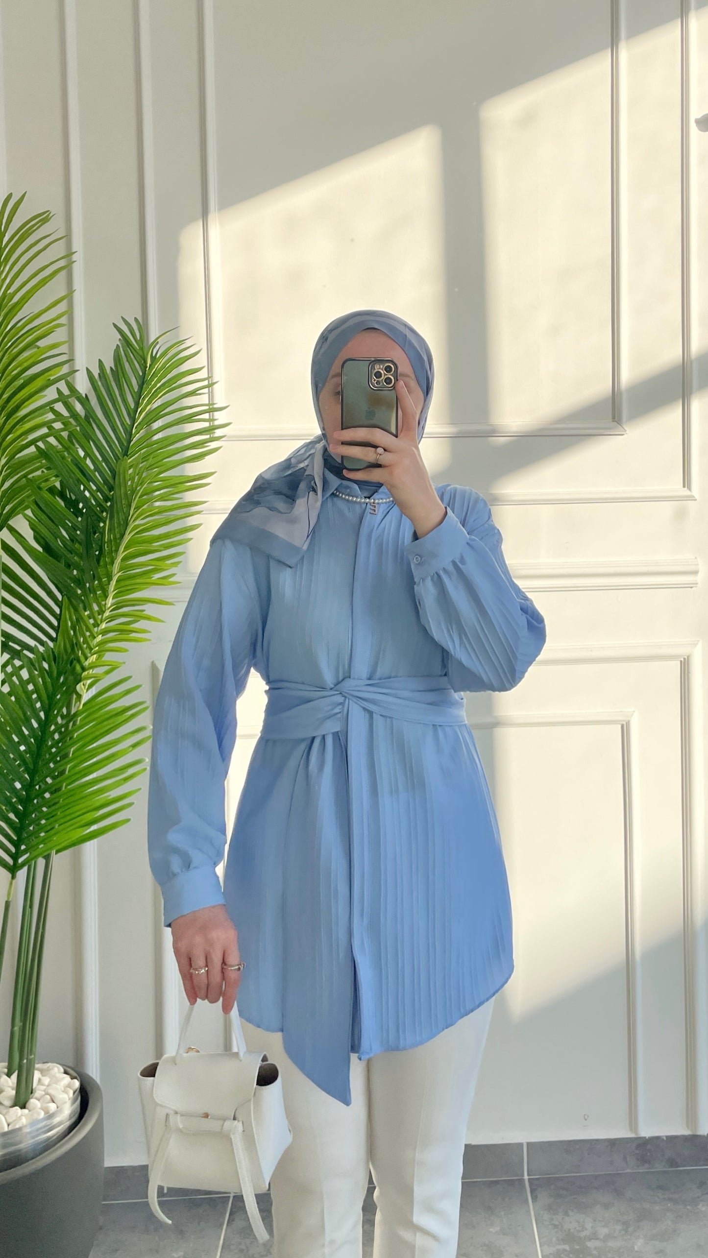 Bel Bağlama Tasarım Gömlek-Mavi