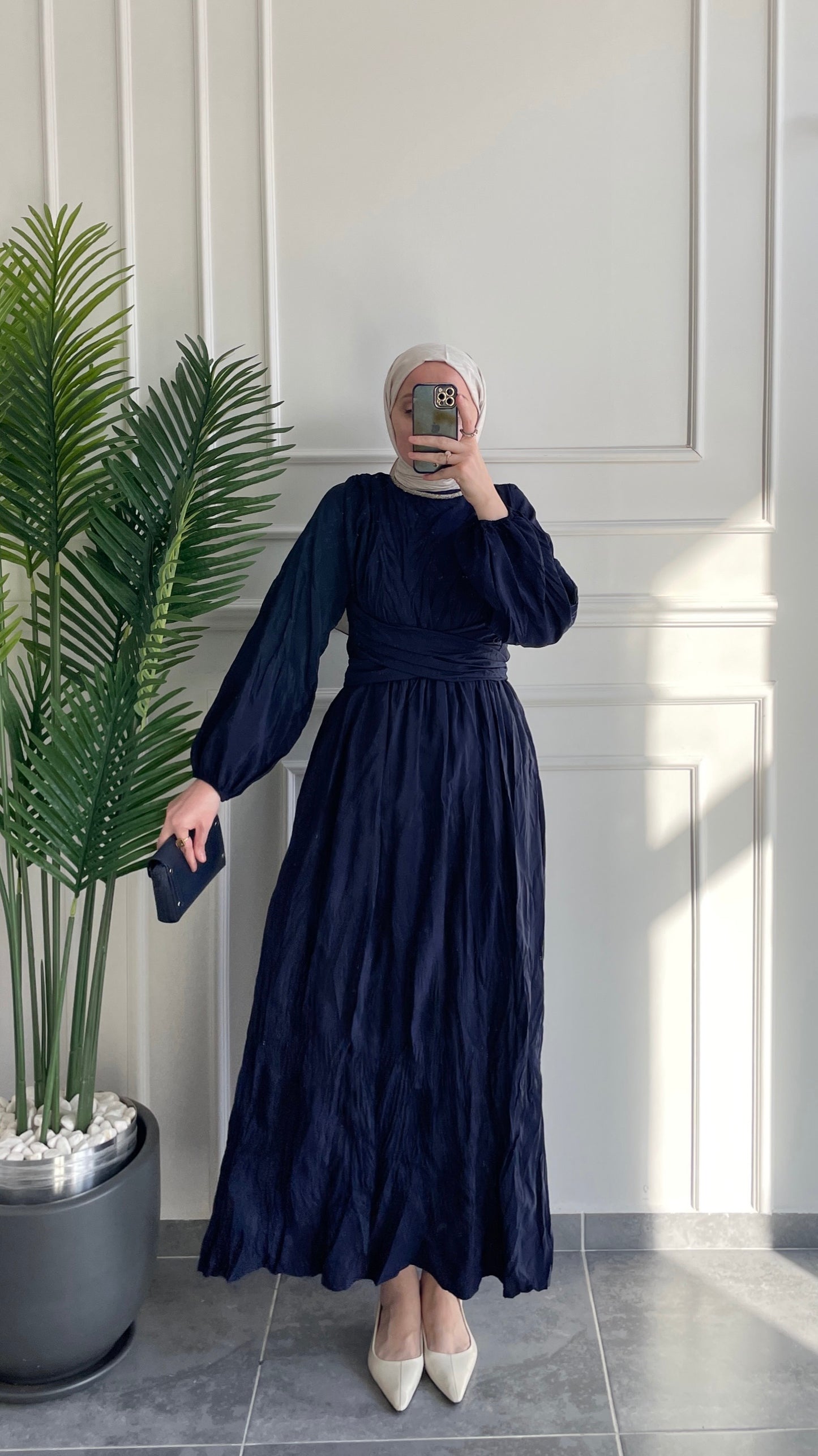 Bel Bağlamalı Kraş Elbise-Lacivert