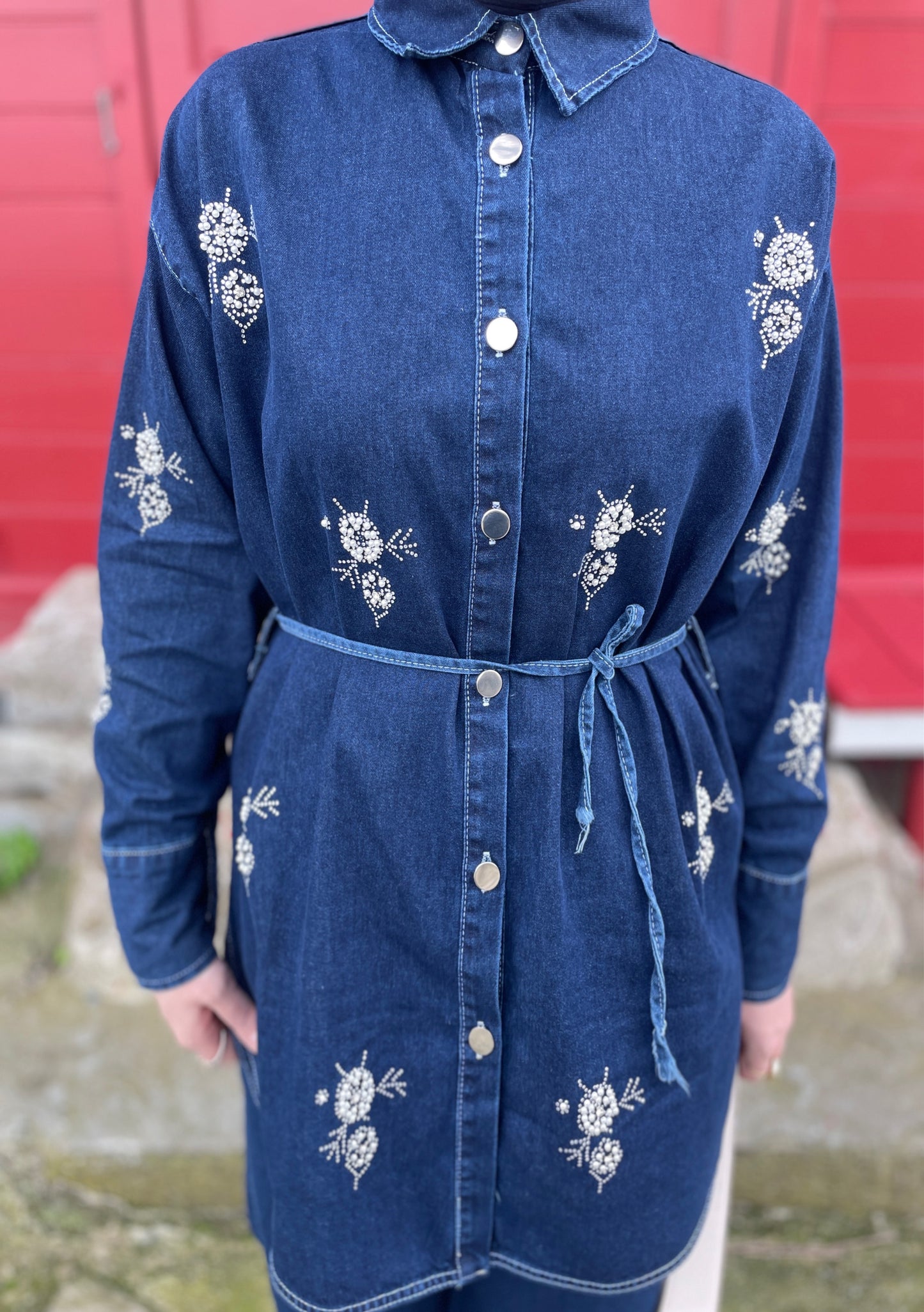 İnci İşlemeli Premium Denim Pantolon& Ceket Takım Lacivert