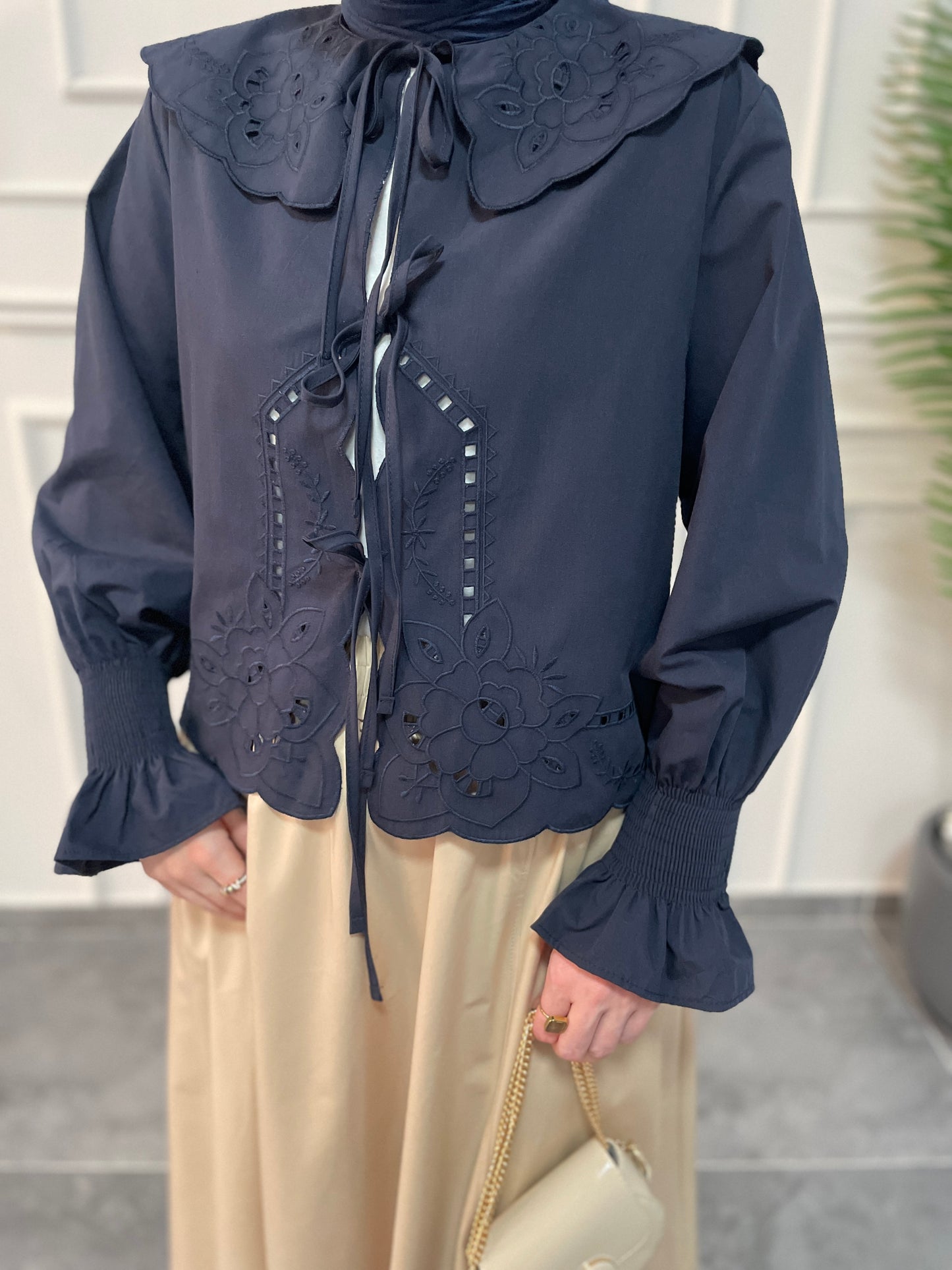 Bebe Yaka Nakışlı Kollar Gipeli Kimono-Lacivert