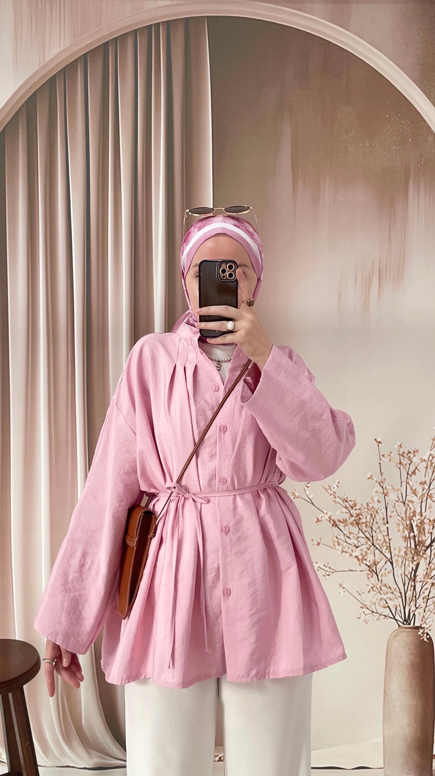 Önü Biyeli Manşet Kol gömlek Bebe Pembe