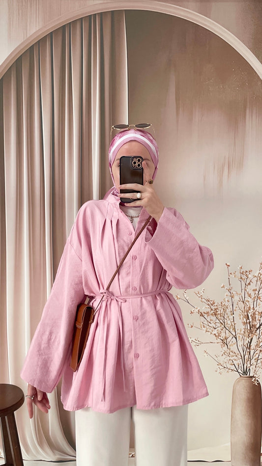 Önü Biyeli Manşet Kol gömlek Bebe Pembe