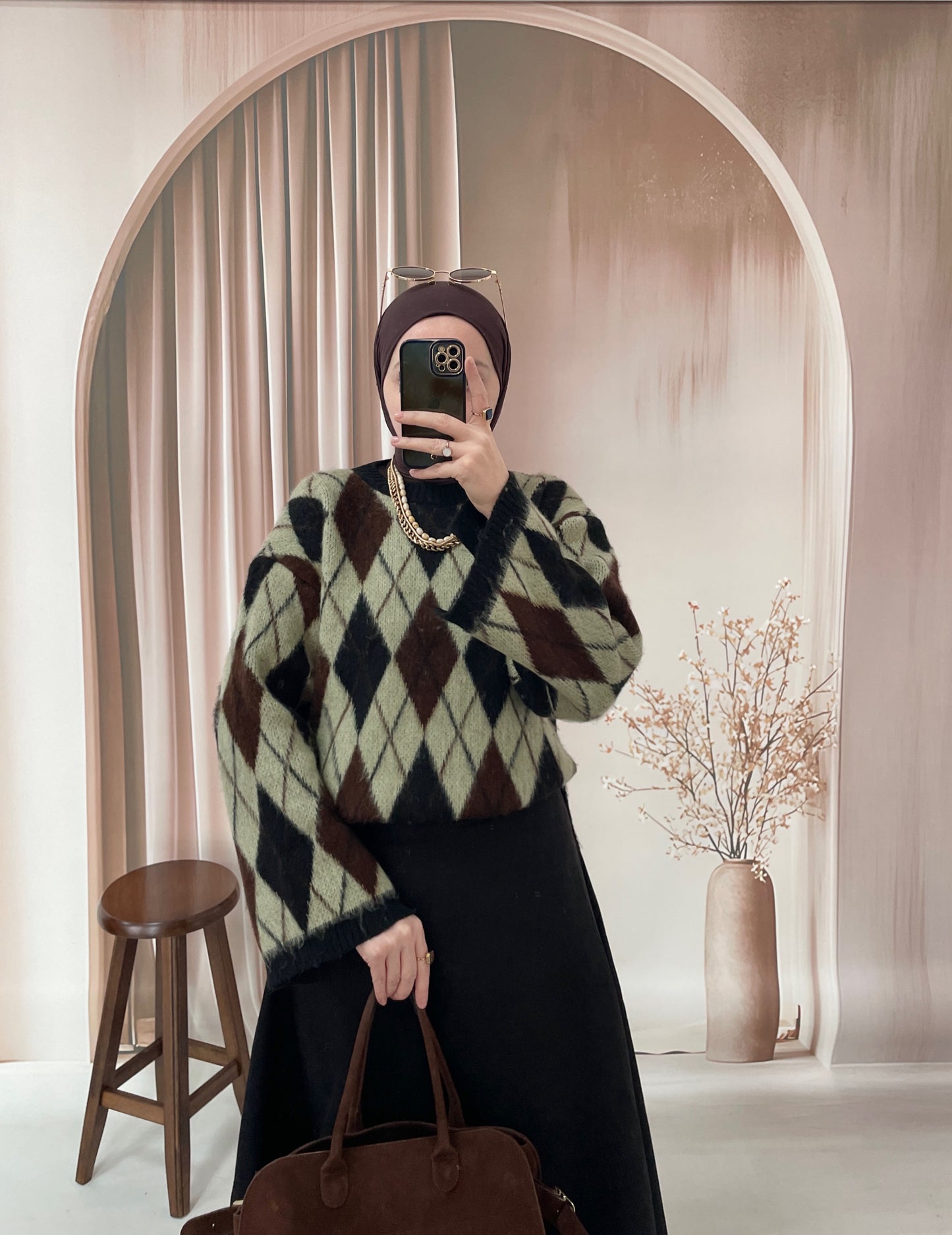 Geniş Kol Tasarım Baklava Desen Kazak Yeşil&Siyah