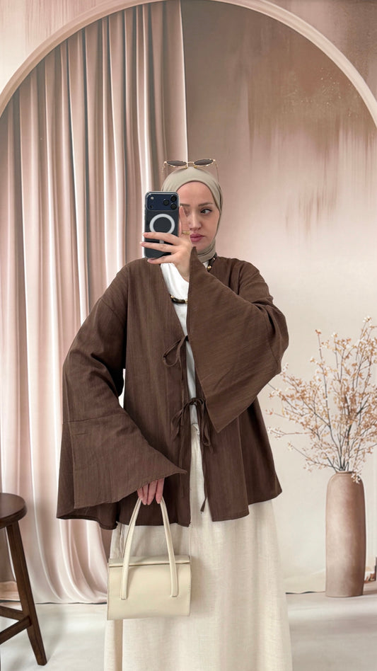 Kollar Volanlı Ham Keten Kimono Kahve