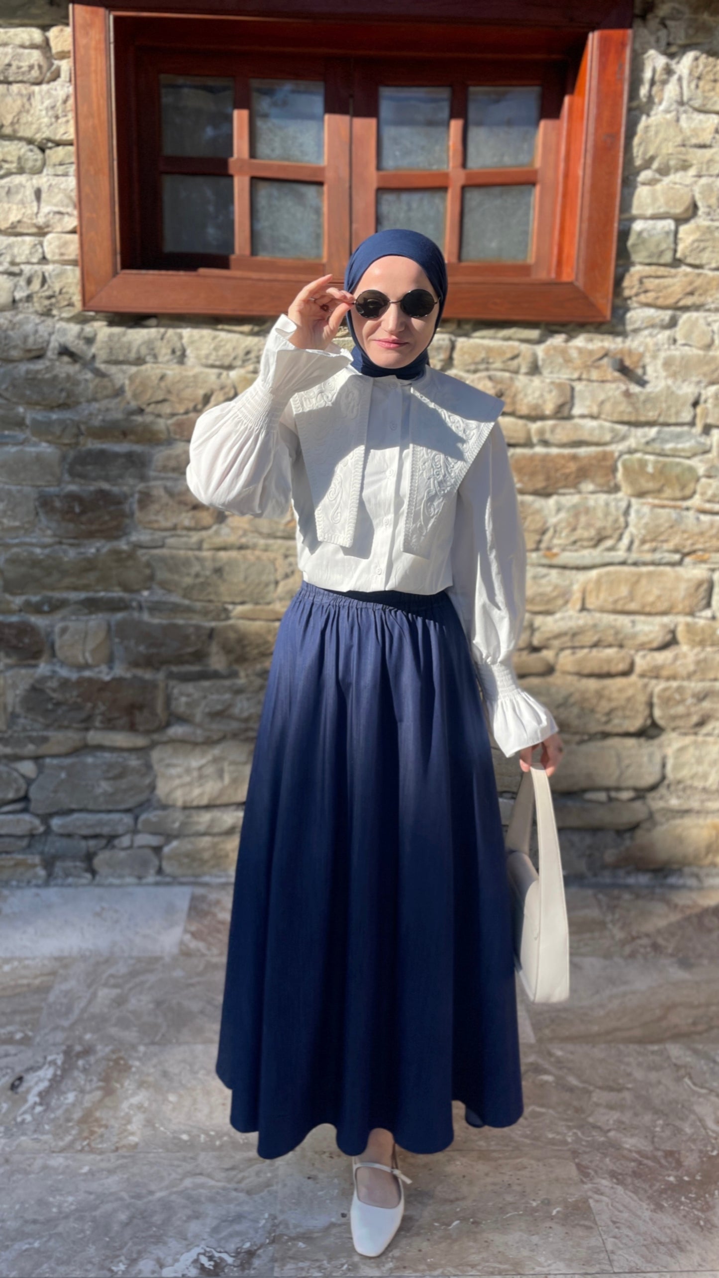Tencel Denim Kloş Etek Koyu Mavi
