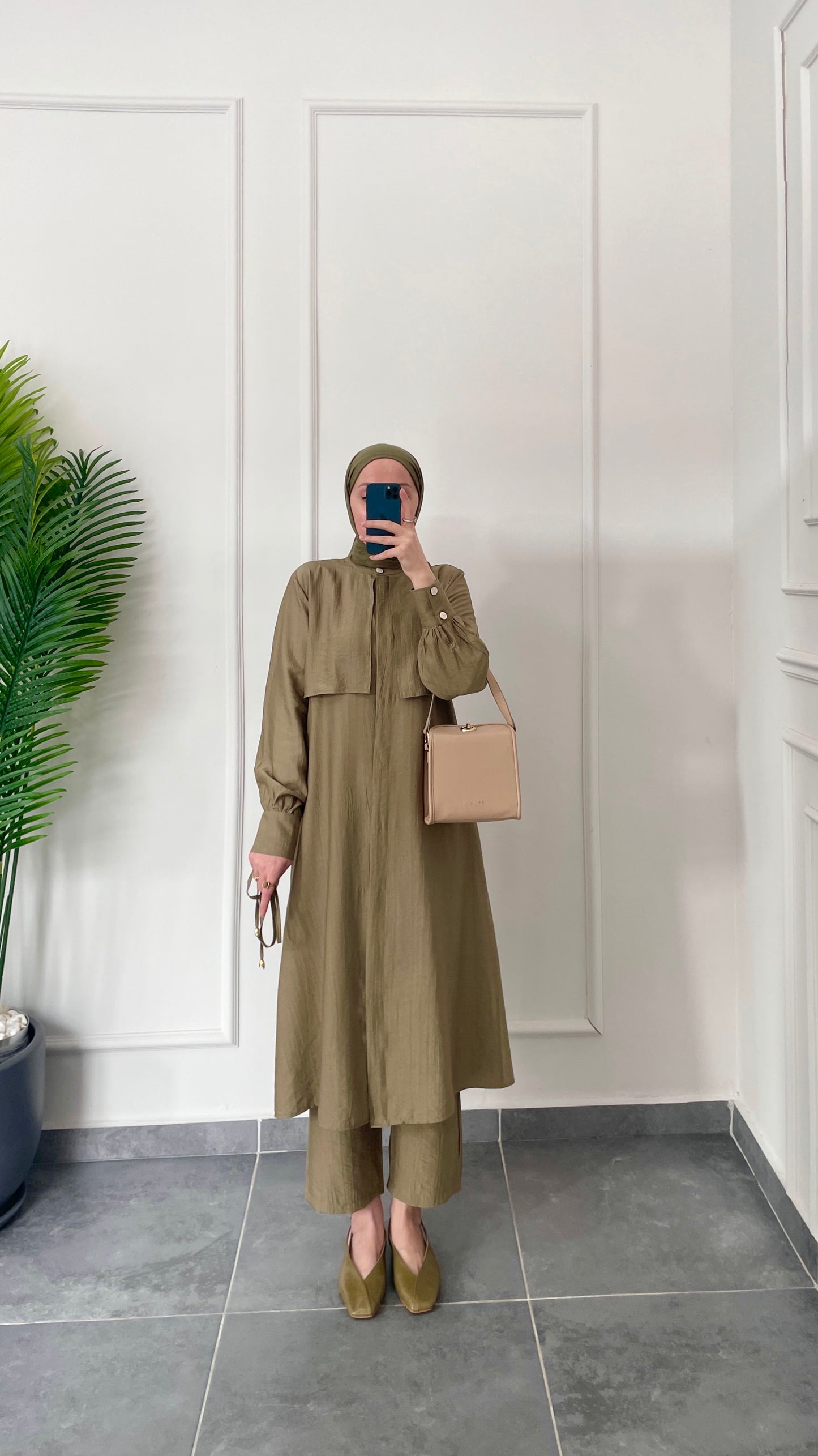 Çilek Kumaş Tunikli Takım-Yağ yeşili