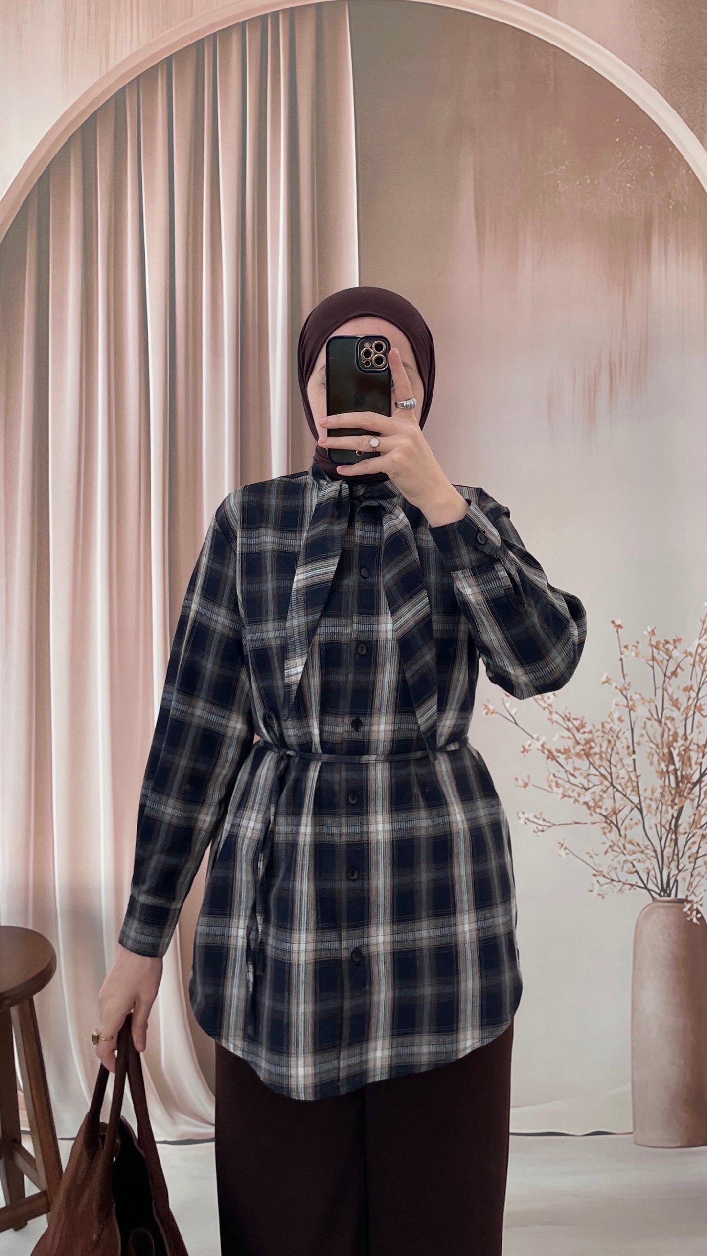 Ekose Desen Fular Tasarım Gömlek Lacivert&Kahve