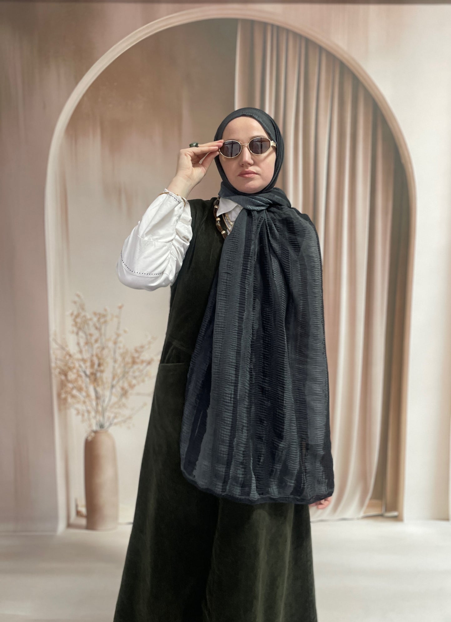 Tonsürton Çizgi Desen Müslin Şal Antrasit